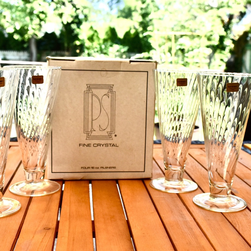 Set of 4 Paul Sebastian Luminarc 15 oz Fluted Crystal Pilsner Glasses-New In Box